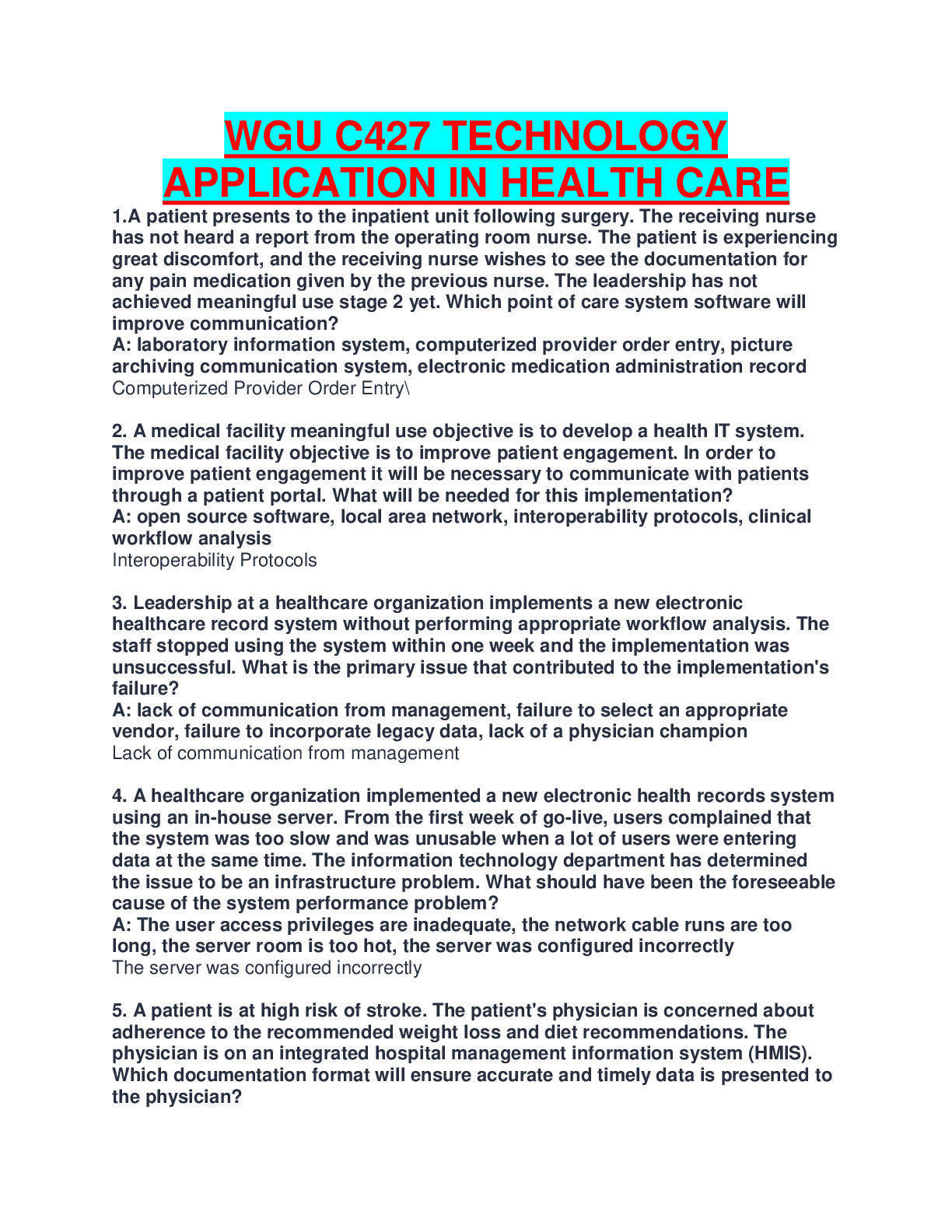Preview of WGU C427 TECHNOLOGY APPLICATIONS IN HEALTH CARE EXAM NEW COMPLETE GUIDE SOLUTION.